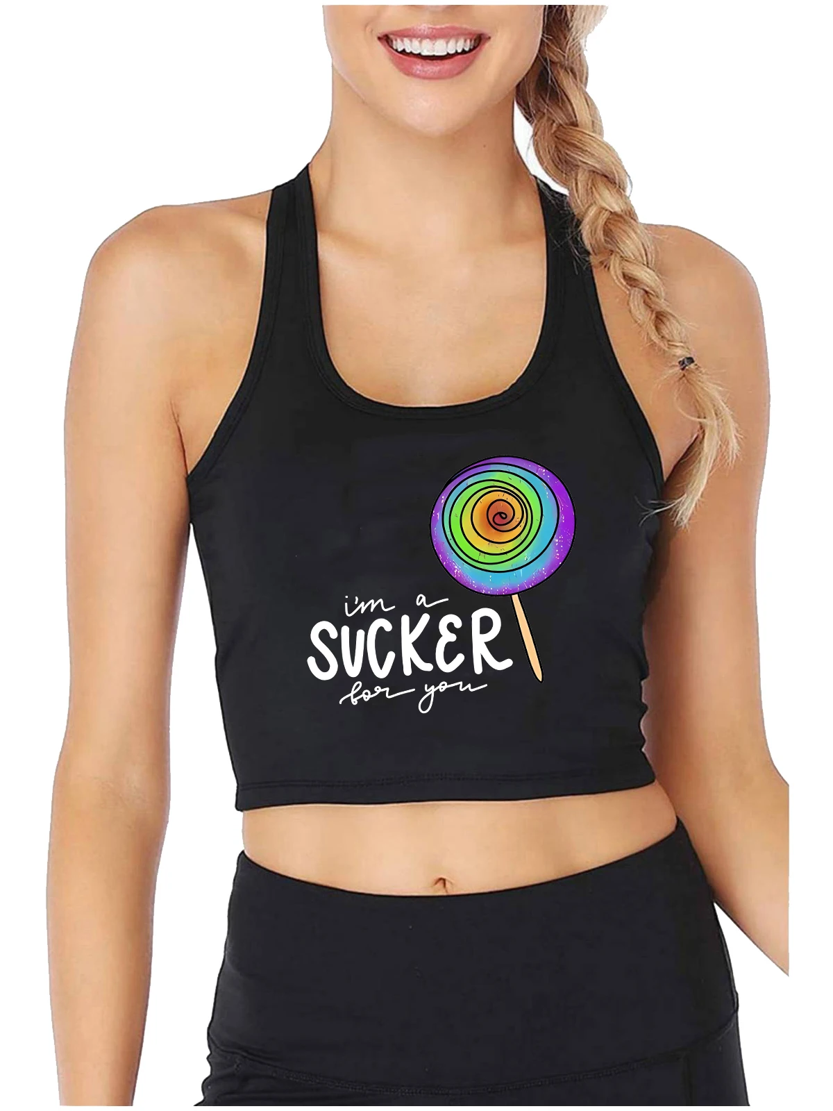Rainbow Lollipop Graphics I Am A Sucker For You Sexy Crop Top Hotwife Umoric Flirty Tank Top Swinger Naughty Lifestyle Canotta