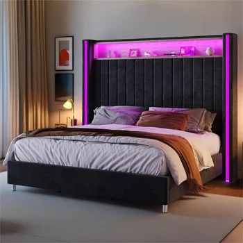 Jocisland King Size Bed Frame with LED Lights and Charging Station, Velvet Upholstered Platform Bed with 53" Tall Storage Headbo