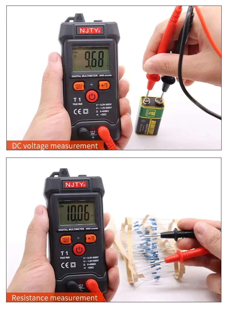 Digital Multimeter NJTY Professional Mini Auto Range Smart Multimetro 4000 Counts AC/DC Voltage Meter Resistance Tester
