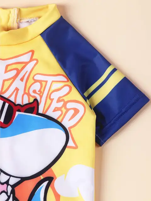 아기 소년을 위한 멋진 수영복: 만화 상어 프린트 원피스