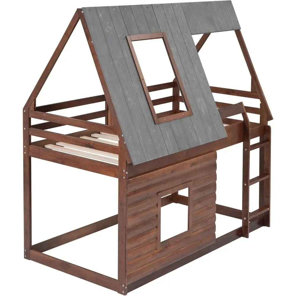 Twin Over Twin House Bunk Bed with Roof and Built-in Ladder Low Bunk Beds for Kids Teens  Toddler  Bunk Beds for Kids 6