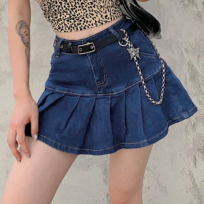 

2023 Summer Preppy Style Ruffles Denim Skirt Casual High Waist Zipper Fly Safety Mini Jeans Skirt for Women Short Streetwear