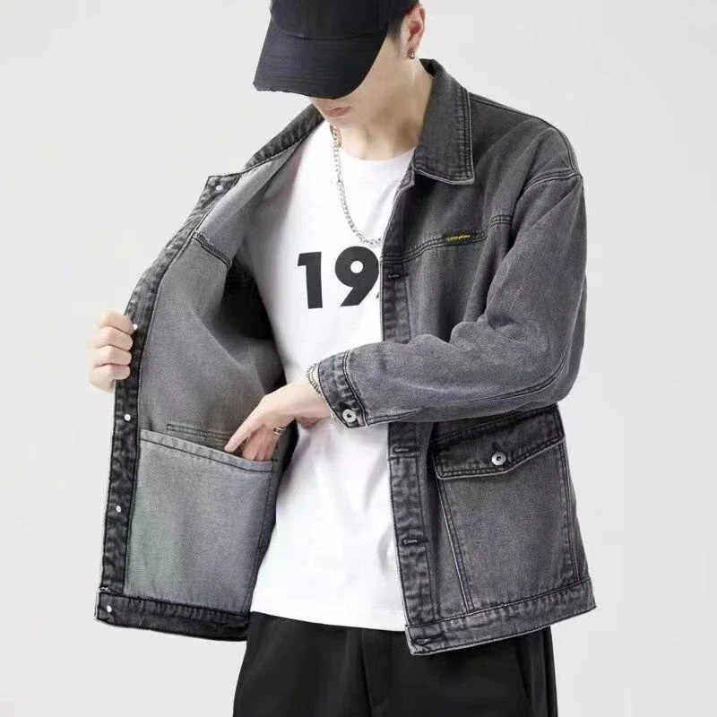 

Jeans Coat for Men Wide Shoulders Denim Jackets Man Gray Menswear Branded Winter 2023 Trendy New in Korea Fast Delvery Washed G