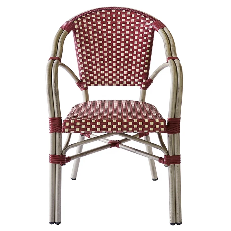 Stackable French Red Patio Cafe Wicker Dining Armchairs Furniture Outdoor Garden Aluminum Rattan Bistro Chairs