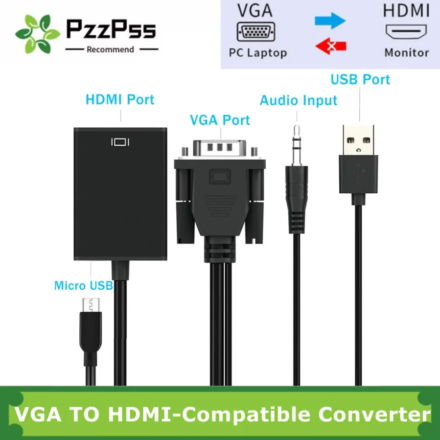 VGA to HDMI-compatible Converter Cable Full HD 1080P VGA to HDMI Cable Adapter W