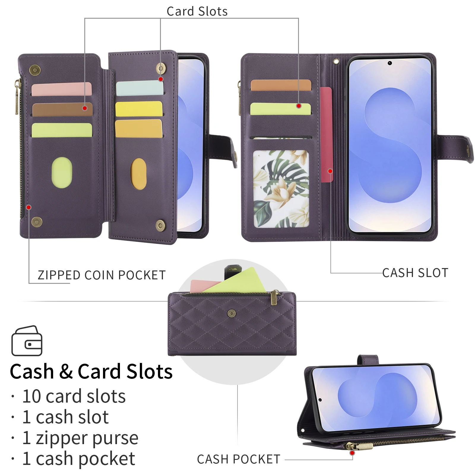 Deluxe Wallet-Style Phone Case with Card Slots, Zipper Coin Pocket, and Wrist Strap in Faux Leather