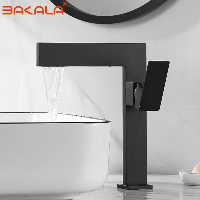 

BAKALA White Chrome TALL Bathroom Waterfal Basin Sink Faucet Cold and Hot Water Mixer Single Handle Bathroom golden/Gray Tap