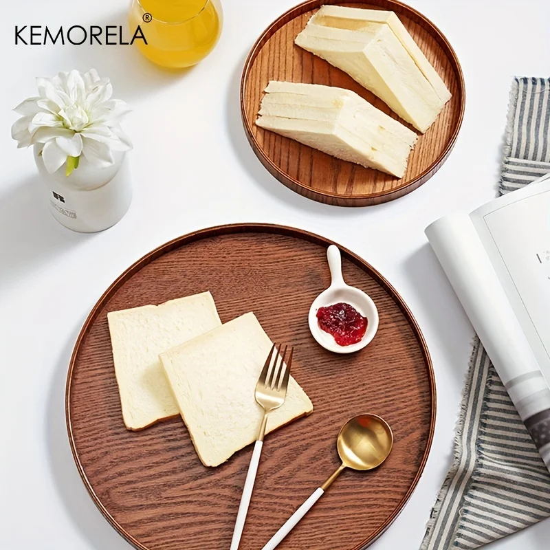 Wooden Serving Tray Kemorela 4 sizes Round Acacia Wood Decorative Farmhouse Candle Holder For Kitchen Counter Home Decoration