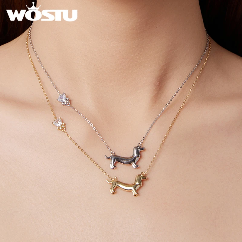WOSTU 925 Sterling Silver Dachshund Pendant Necklace 18K Gold Pet Paw Chain Link Dog Charm bracelets Earrings Ring For Pet Lover 4