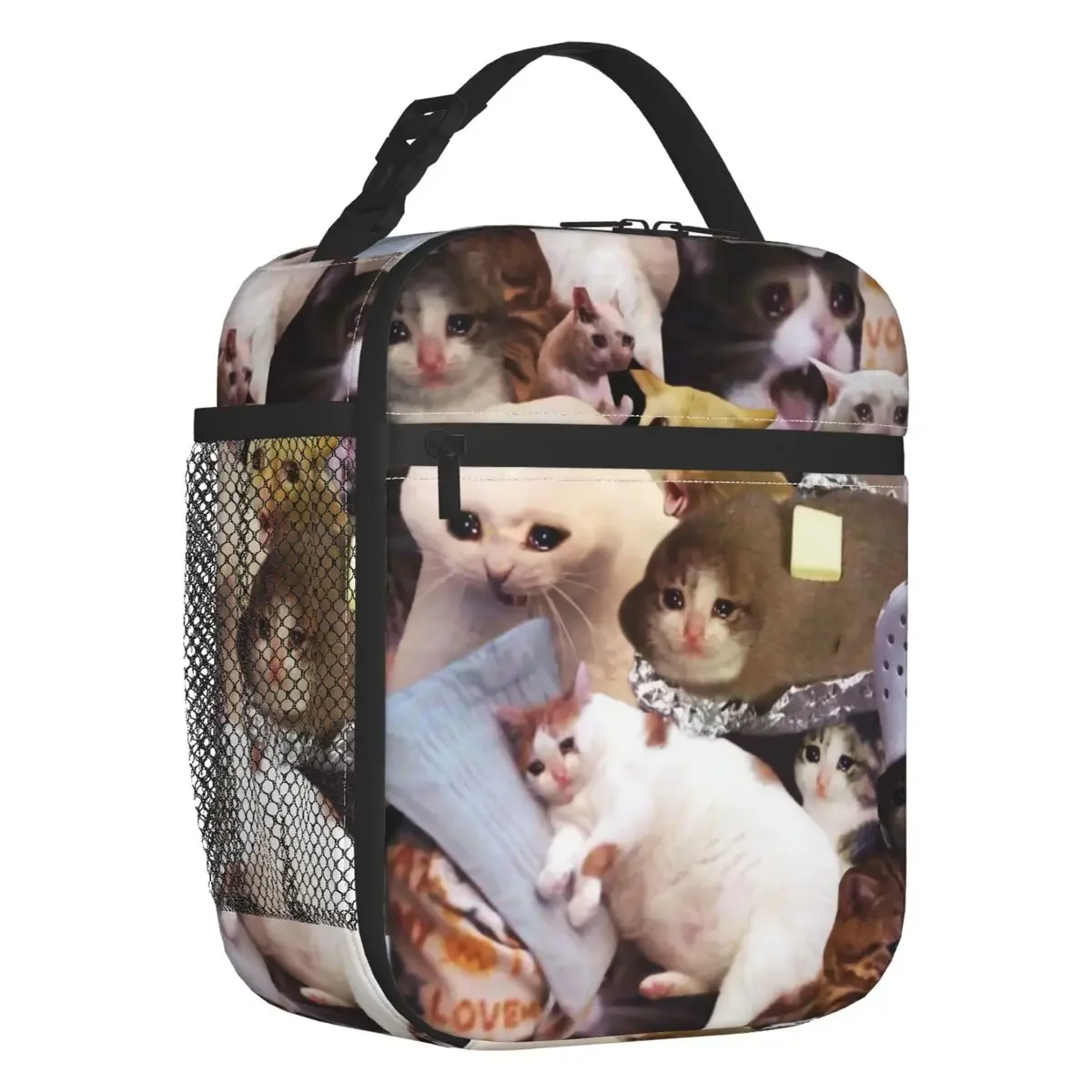 

Custom Crying Cat Memes Lunch Bag Men Women Cooler Warm Insulated Lunch Box for Adult Office