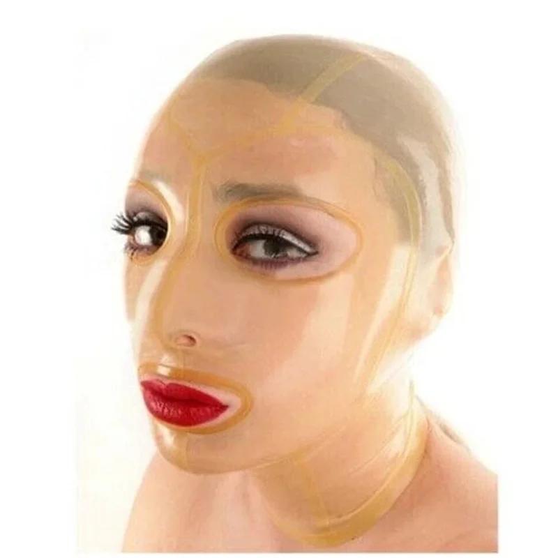 

Sexy Transparent Latex Hood Rubber Mask Handmade Open Eyes Mouth Halloween Cosplay Costumes for Men Women