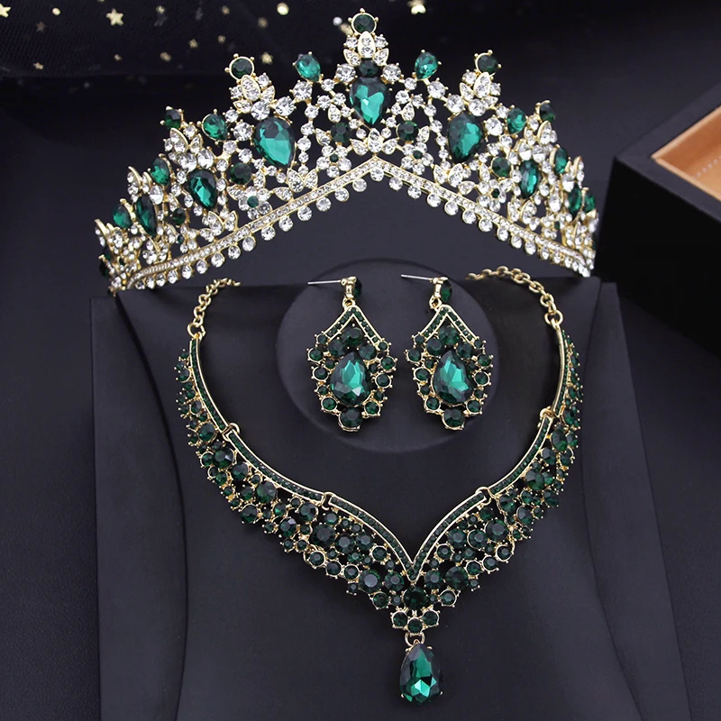 Gorgeous 3 pcs Necklace Earrings with Crystal Tiaras and Crowns for Bride Wedding Dress Banquet Dubai Jewelry Sets Costume Prom