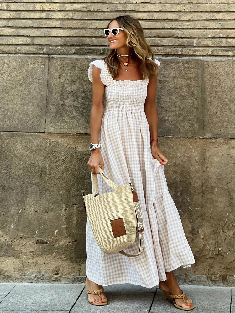 

HOUZHOU Elegant Plaid Long Dress Summer Casual Streetwear Fashion Ruffles Patchwork White Dresses Women Holiday Party Sundress