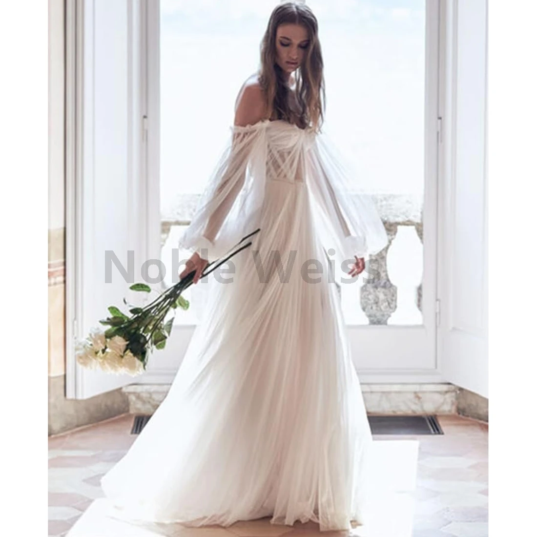 Women's Puffy Long Sleeve Wedding Dresses with Slit Off Shoulder Tulle Wedding Formal Evening Gowns Customized 3