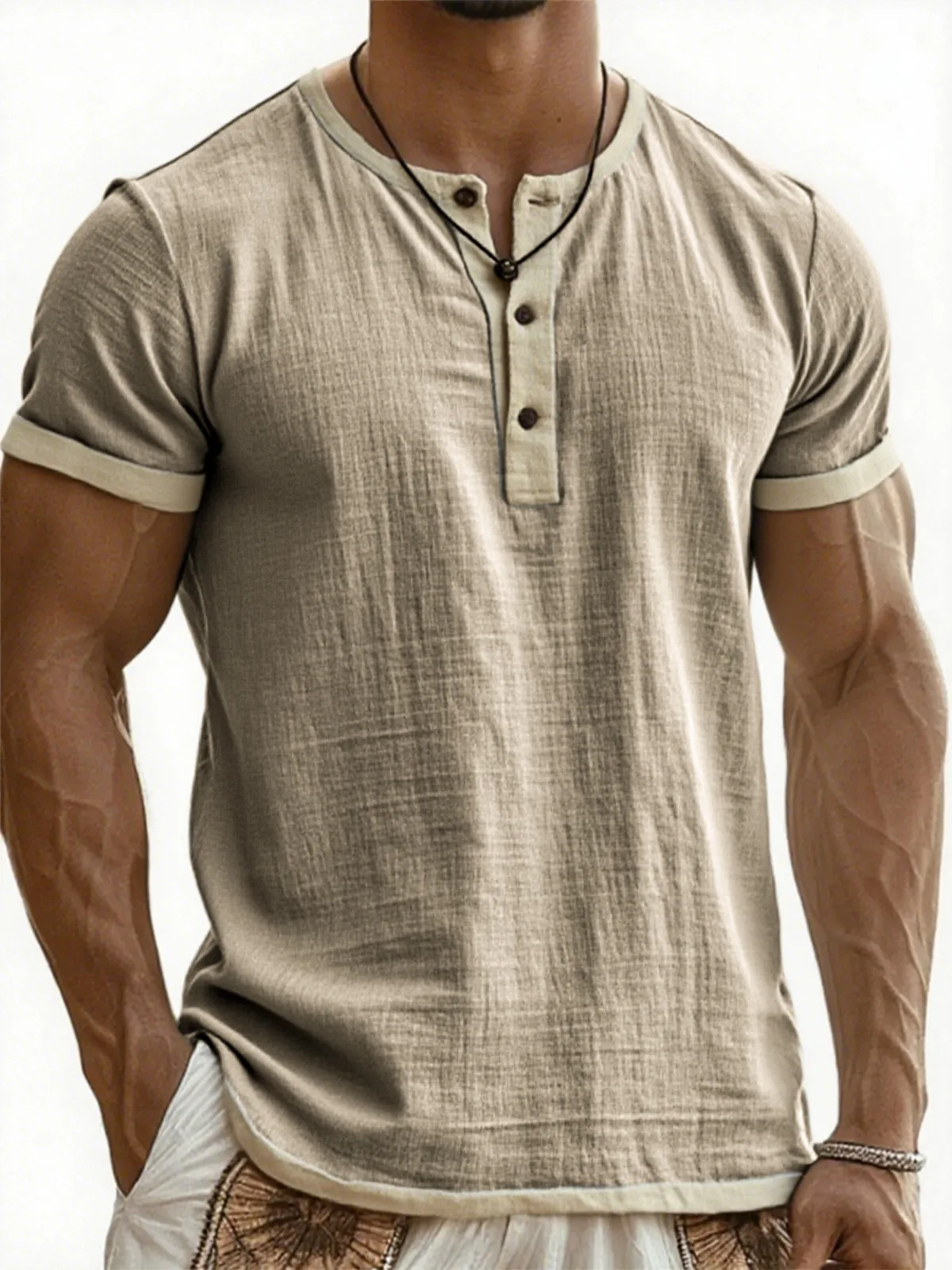 Summer New Men's Cotton Linen Shirt Casual Contrast Trim Short Sleeve Top Breathable Comfort Slim Fit Sports Casual Shirt
