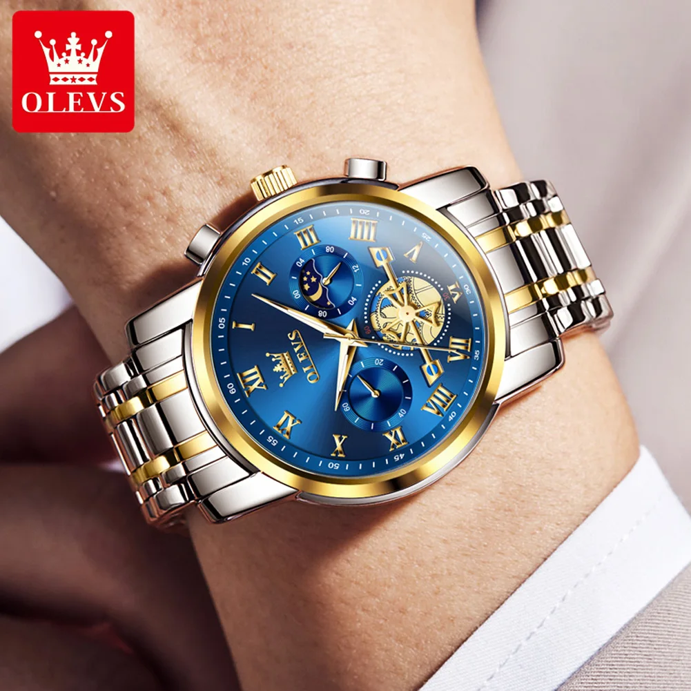 OLEVS 2859 Roman Scale Quartz Watch For Men Moon Phase Luxury Man Wristwatch Original Waterproof Stainless Steel Business Watch