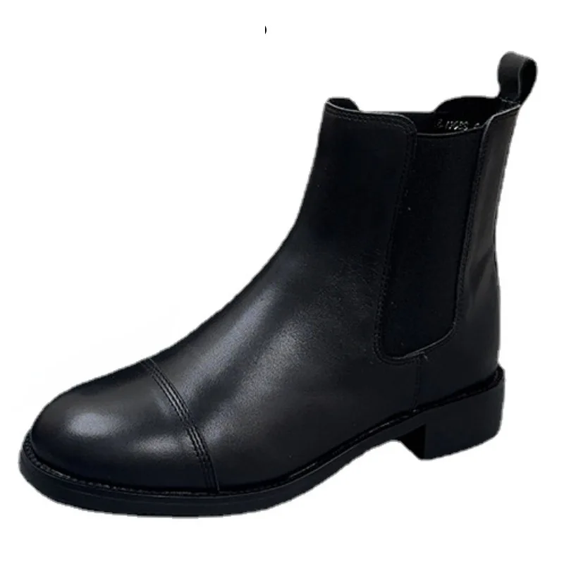 

3CM Fashion Elastic Chelsea Boots British Cow Genuine Leather Women Autumn Ankle Mid Calf Booties Chimney Spring Shoes