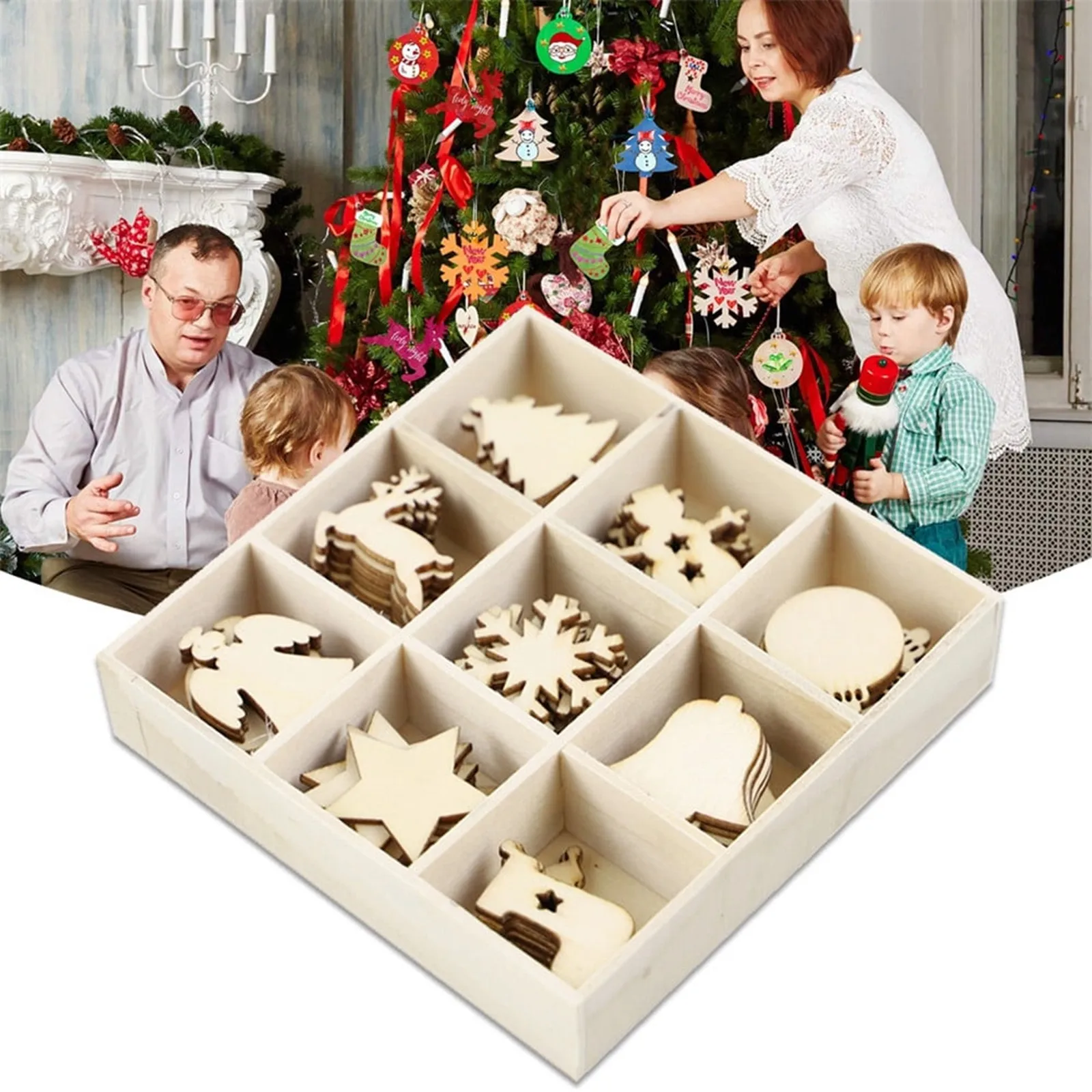 

72pcs Christmas Natural Wooden Chip Santa Claus Snowflake Christmas Tree Hanging Ornaments Pendant Navidad Decoration Diy Craft