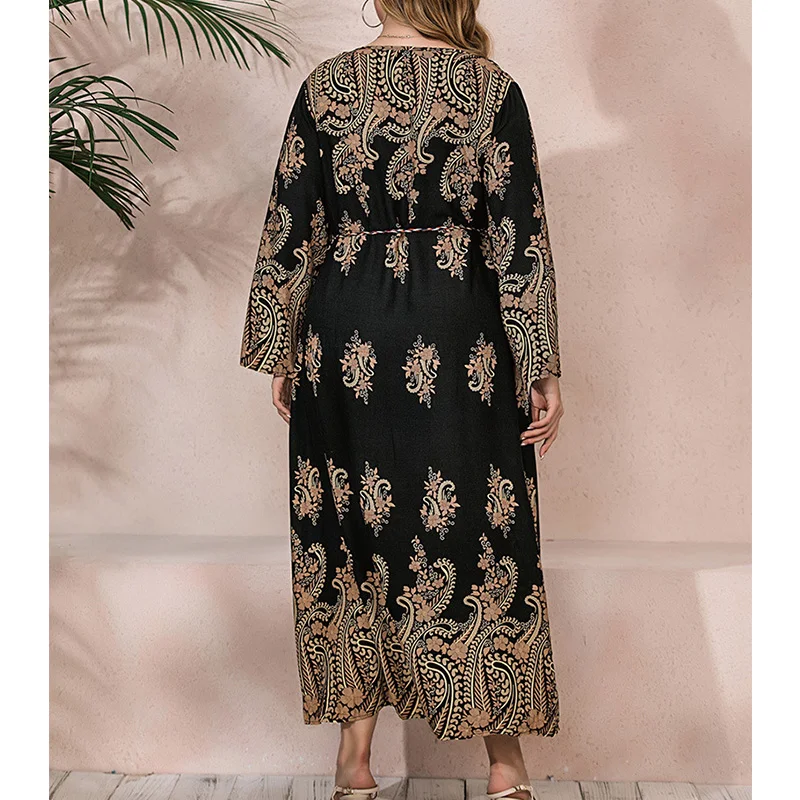 Vintage Spring Autumn Sashes Bandage A-line Dresses Plus Size Clothes for Women Printing Long Sleeve Loose Ankle-Length Dress