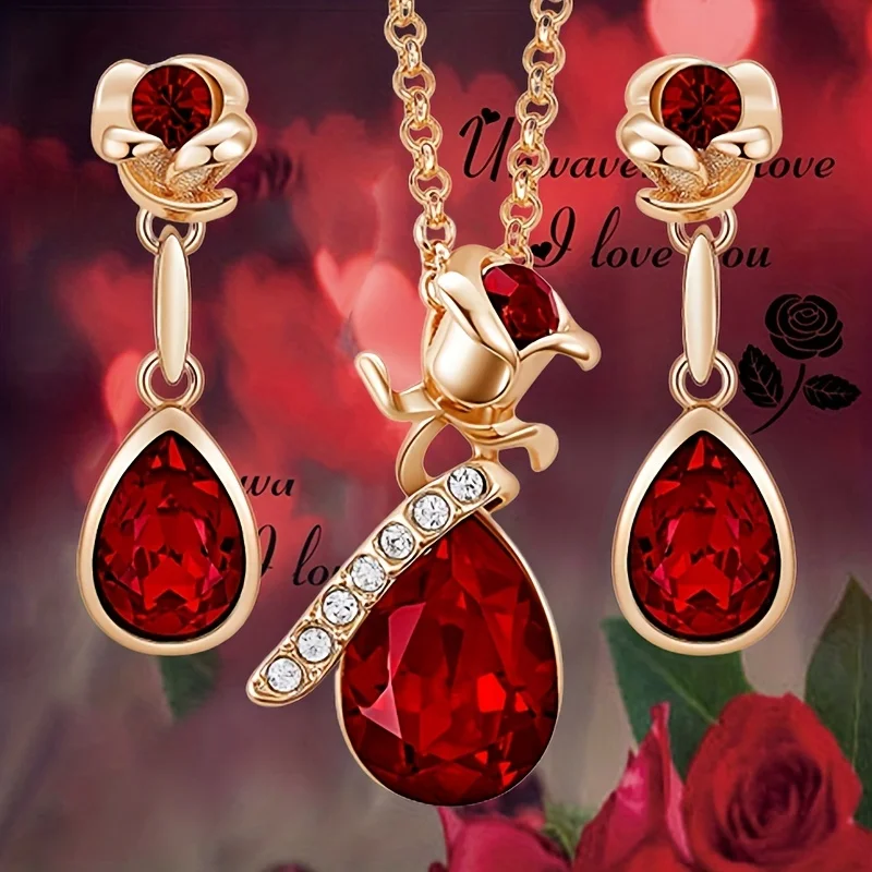 Fashion Ruby Rose Flower and Droplet Shape Pendant Necklace Earrings Set For Women Banquet Wedding Anniversary Jewelry Set Gift