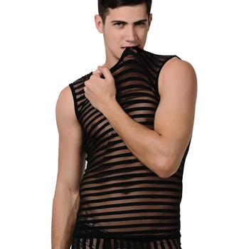 Striped Transparent Tank Top Black Sexy Mesh Tops Men Clothing Gym Quick Dry Vests Fashion Casual Summer Sleeveless Solid Top 1