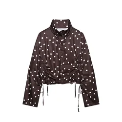 Women's Chic Polka Dot High Collar Jacket - Spring Collection - S (Brown)