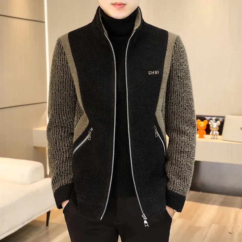 

Autumn Winter Splicing Wool Blends Jacket Men Fashion Warm Mink Velvet Coats Casual Business Rench Social Overcoat