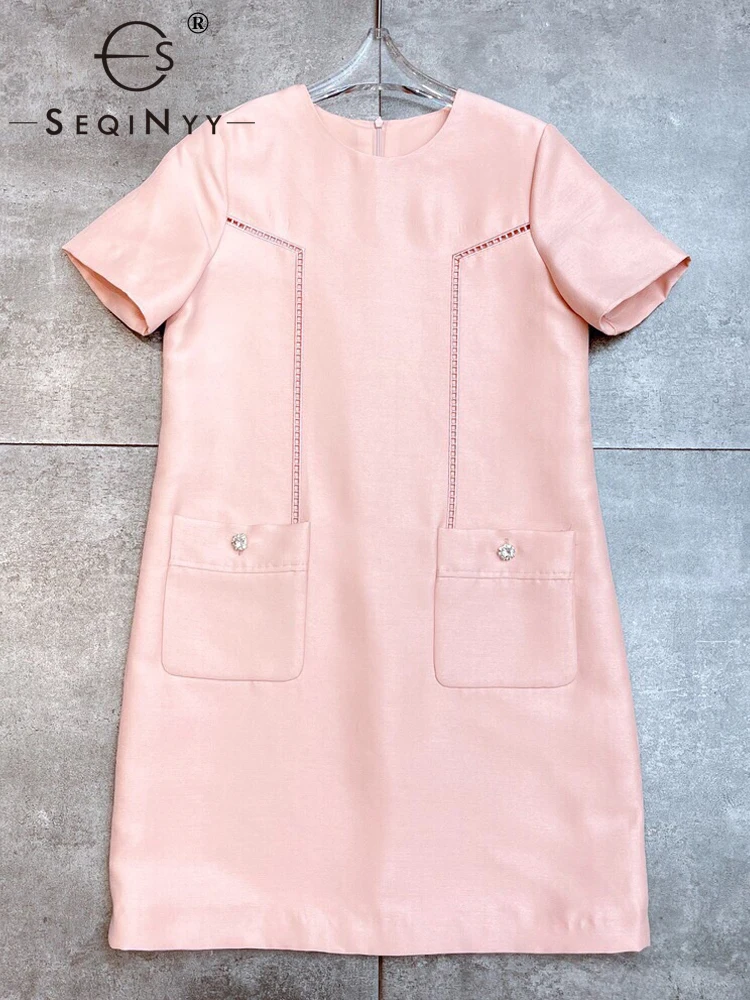 

SEQINYY Office Lady Dress Summer Spring New Fashion Design Women Runway High Street Pockets Bead Buttons Elegant Mini