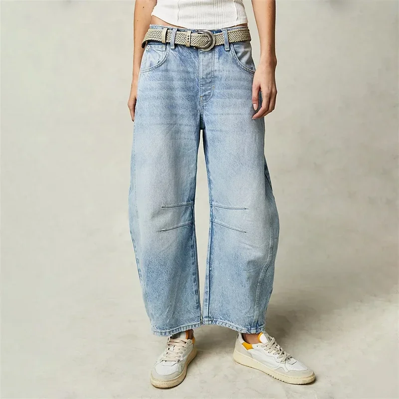 2024 Cropped Jeans for Women y2k Aesthetic Solid Casual Loose Low Waist Baggy Denim Trousers Wide-Leg Washed Jeans Tapered Pants 3