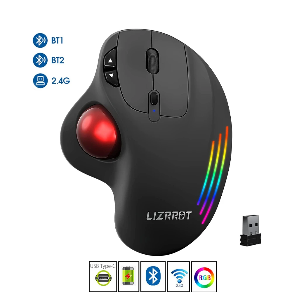 LIZRROT RGB Wireless Trackball Mouse Bluetooth +2.4G Wireless Mouse