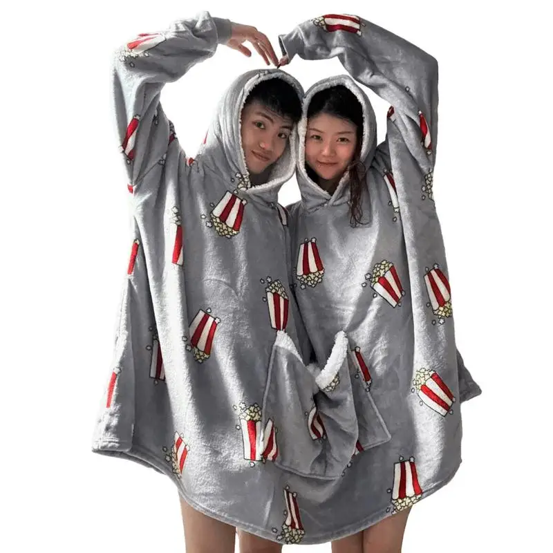 Double Hoodie Blanket for Couples Warm Coral Fleece