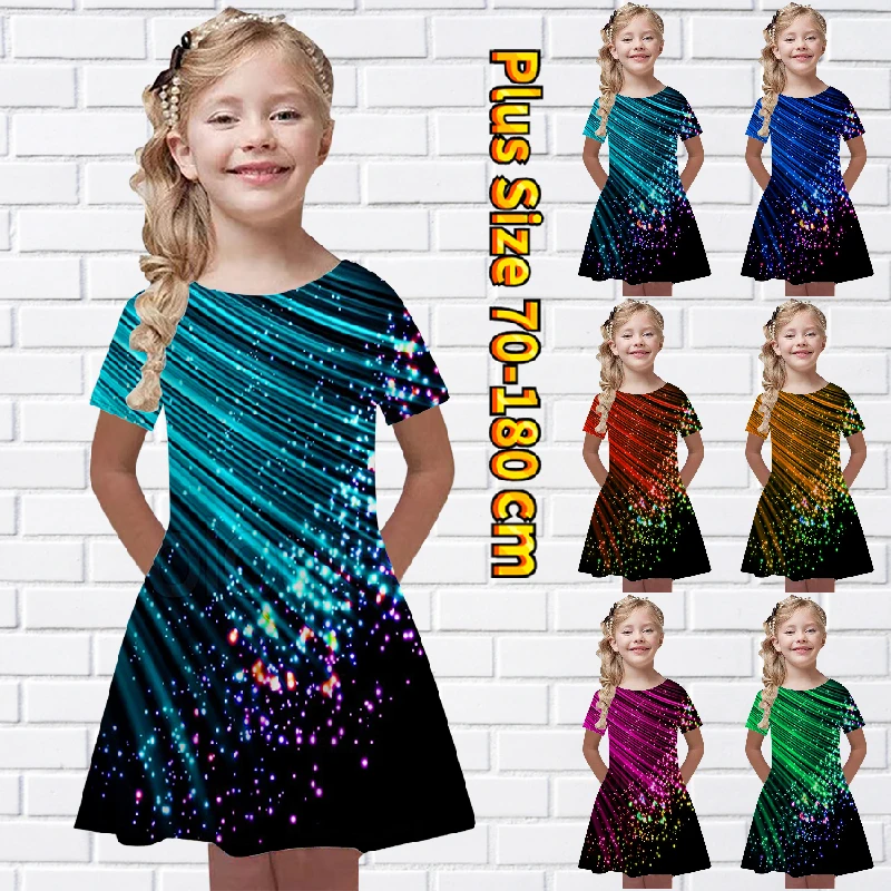 

2023 Summer Little Girl New Design Printing Skirt Knee-length Skirt Round Collar MIDI Skirt Princess Dress Short Sleeve Skirt