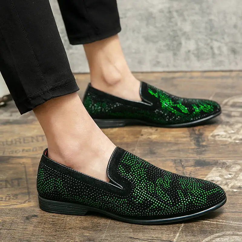 New Fashion Pointed Black Rhinestone Men's Suede Moccasins Comfort Leather Loafer Shoes for Men Luxury Designer Casual |