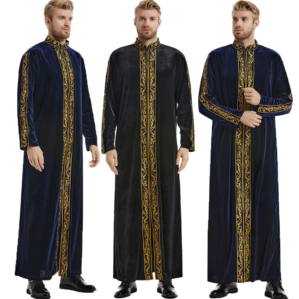 

Muslim Men Velvet Embroidery Jubba Thobe Islam Clothing Ramadan Abaya Dress Long Robe Saudi Arabic Musulman Caftan Middle East