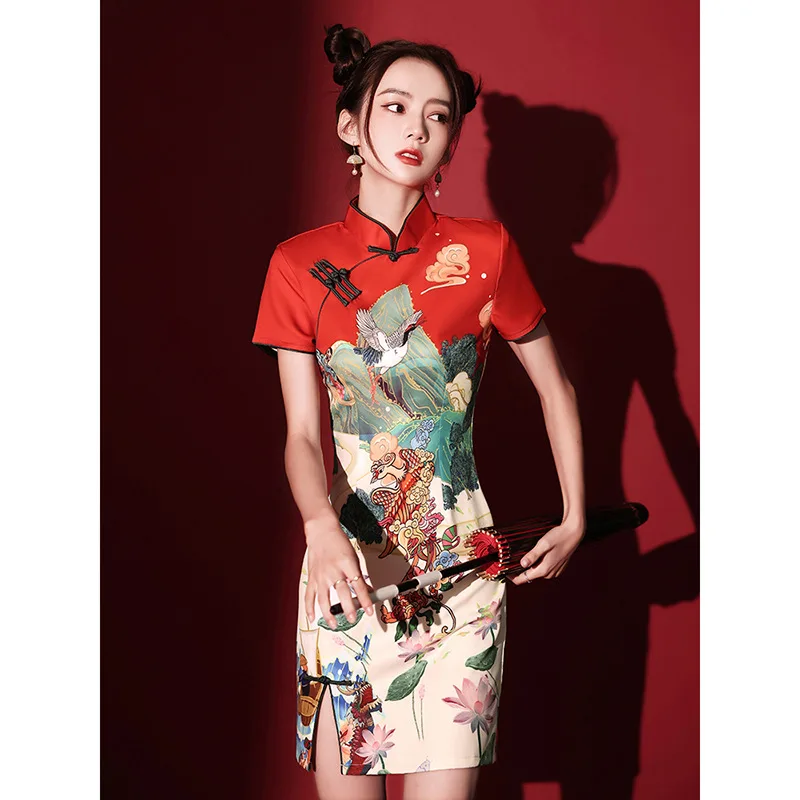 Chinese Trendy Cheongsam Skirt New Popular Short Style Improved Red Young Girl Bridesmaid Evening Qipao Dress for Women
