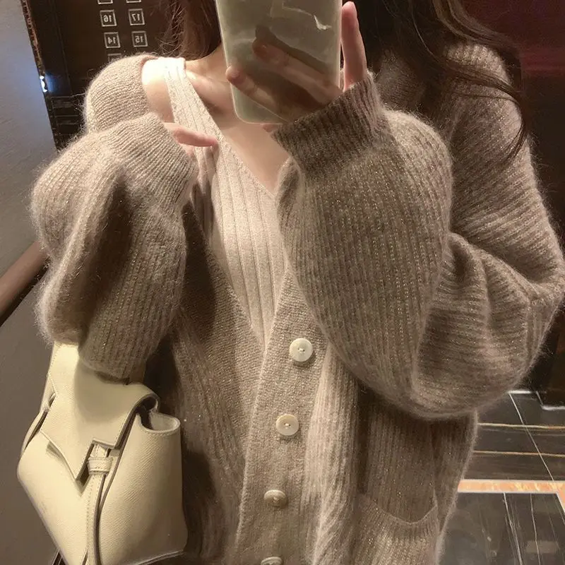 

Gentle Wind Soft Glutinous Knitted Cardigan Women Loose Long Sleeve Solid Drop Sweater Coat V-neck Pocket Shawl Sweater Female