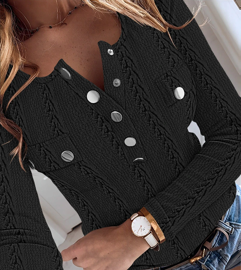 

Elegant Shirt for Women 2023 Autumn and Winter New Fashion Long Sleeve Button Decoration Solid Color Slim Casual Collarless Top