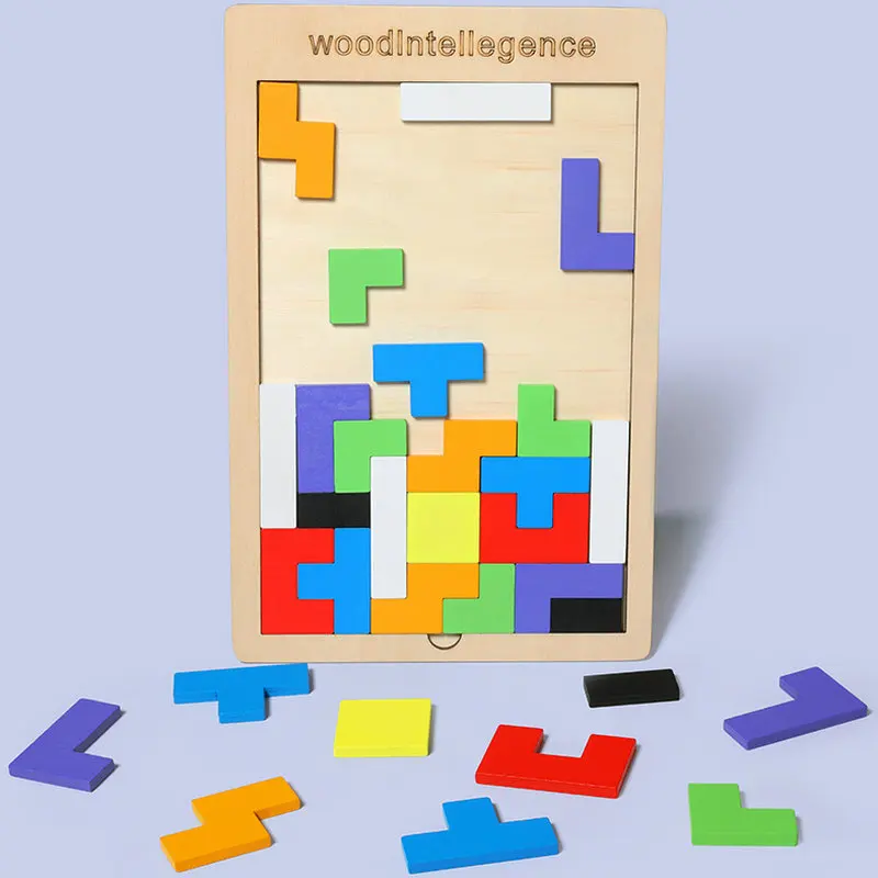 Children Intellectual Educational Montessori Colorful Jigsaw Board Puzzle Tetris game Baby Wooden Toys Puzzles Toy For Kids Gift | Игрушки и