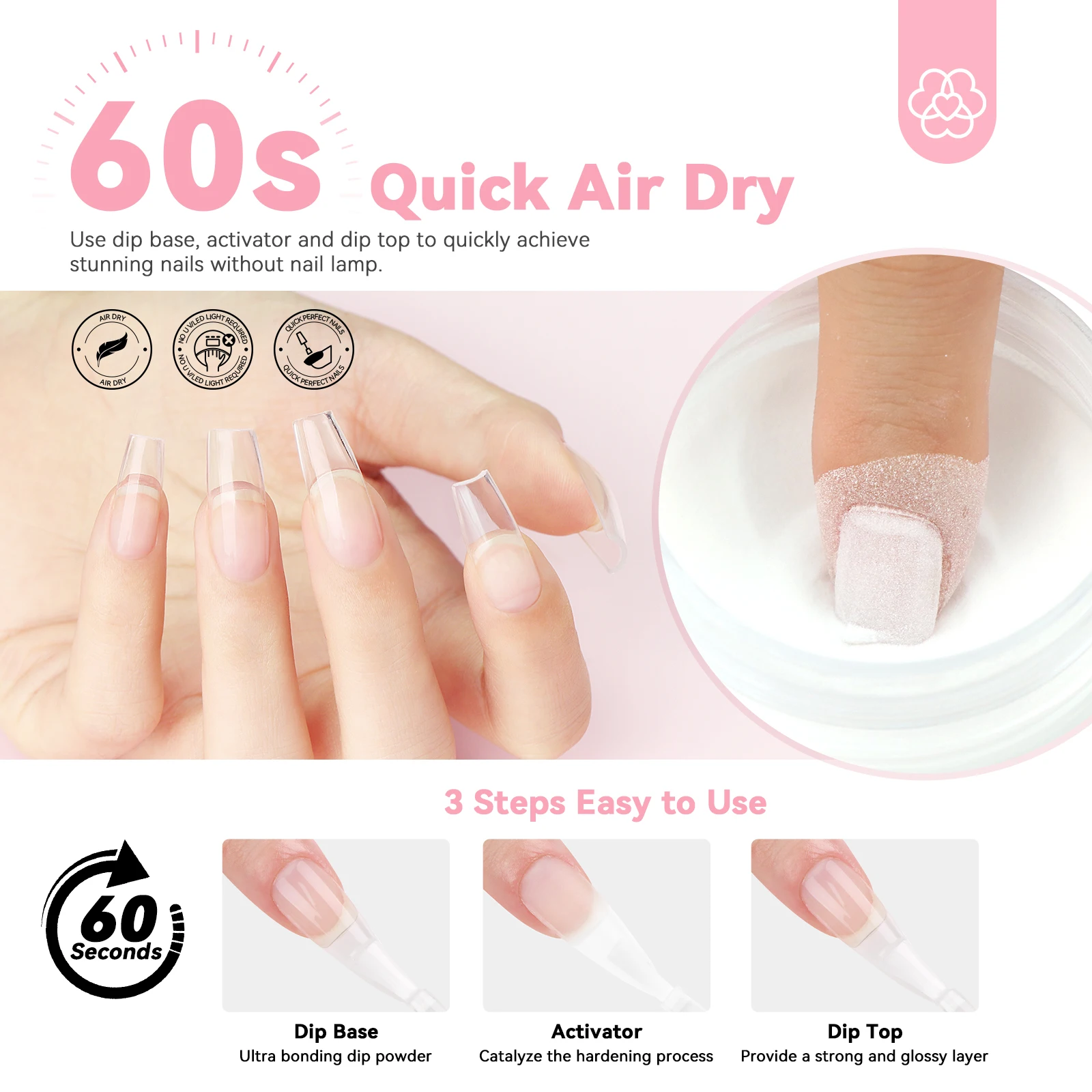 세이빌랜드 클리어 딥 파우더 스타터 키트 60g 2.1oz 베이스 액티베이터 탑 코트 리퀴드 세트 (프렌치 매니큐어 네일아트 홈 살롱용)