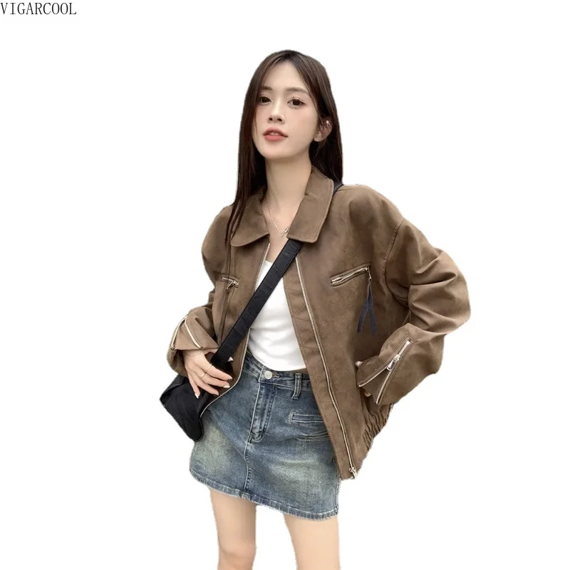 

2023Brown Motorcycle Style Short Jacket for Women in Autumn High-end and Super Beautiful American Retro Zippered Cardigan Jacket