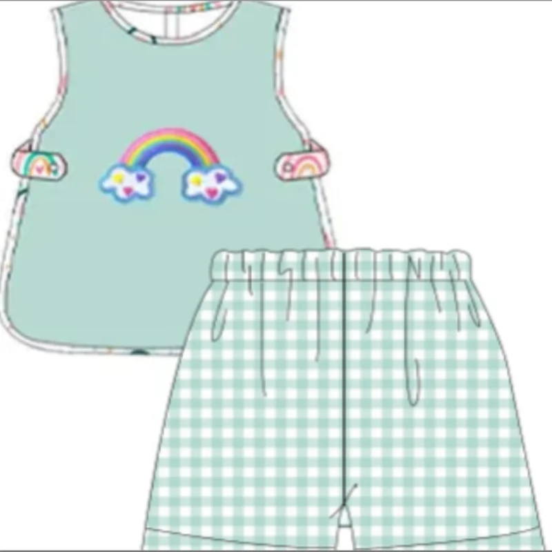 

Summer Outfits Baby Boys Clothes Set Rainbow Embroidery Bodysuit Toddler Suit Kids Lattices Bluey T-shirt 1-8T Pants Shorts