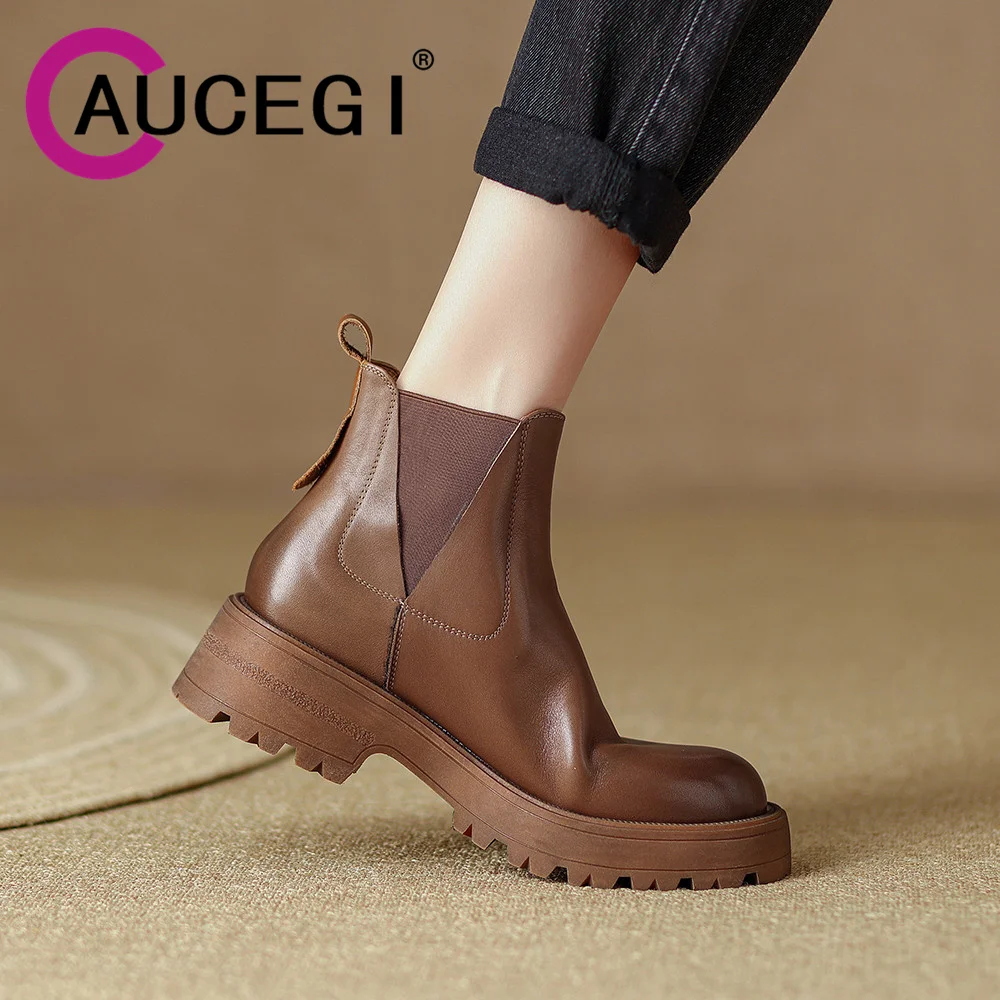 

Aucegi Fall Winter Women Genuine Leather Chelsea Ankle Boots Concise Round Toe Thick Heel Solid Slip On Casual Shoes Brown Black