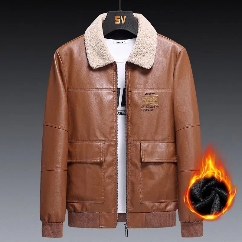 2023 New Men Fashion Lapel Leather Coat Casual Large Size Slim Solid Color Leather Jacket Winter Fleece Warm Motorcycle Clothing