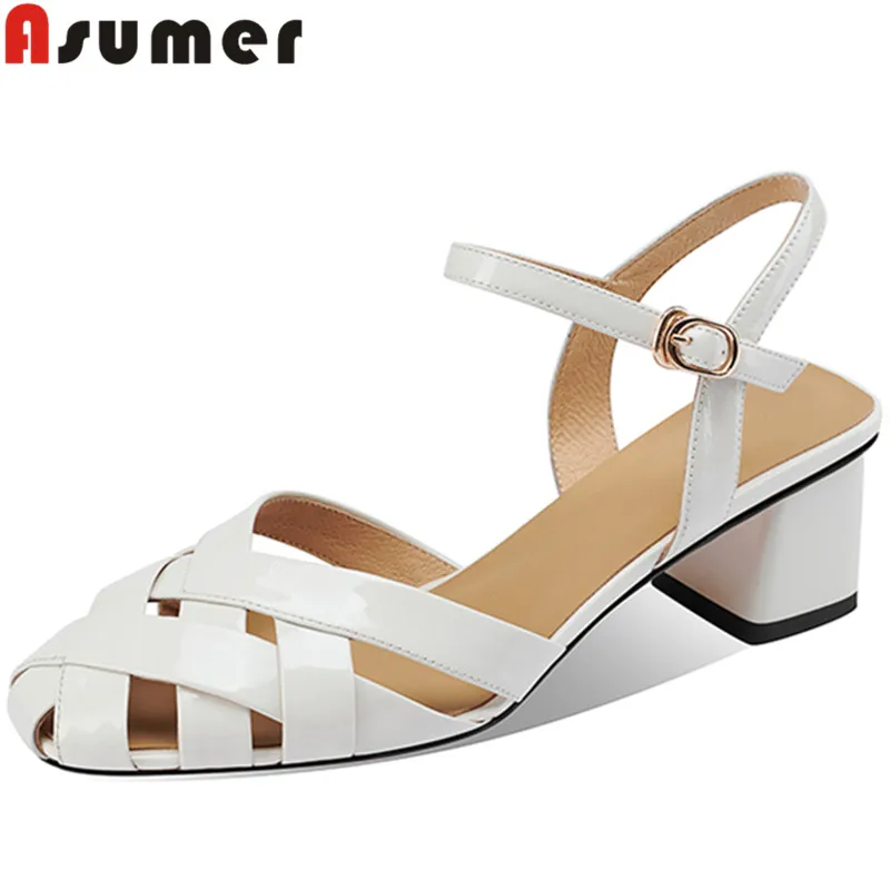 

ASUMER 2022 New Arrive Front Rear Strap Patent Leather Women Sandals Solid Thick Med Heels Sandals Simple Ladies Dress Shoes