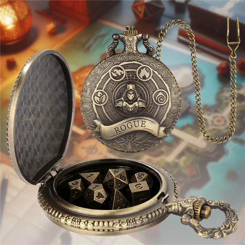 Steampunk Metal Polyhedral Dice Bronze Pocket Watch Case Dragon Role Play Game Dices Pendant Chain 7 X