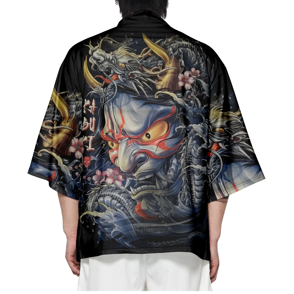 

Japanese Clothes Yukata Demon Print Cardigan Samurai Costume Haori Obi Men's Beach Kimono Streetwear Jacket