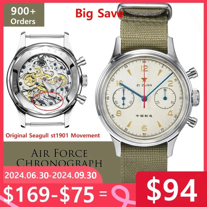 RED STAR-reloj mecánico para hombre, cronógrafo de 38mm, 1963, piloto con gaviota, ST1901, movimiento de la Fuerza Aérea, aviación, zafiro, Ganso, 40mm