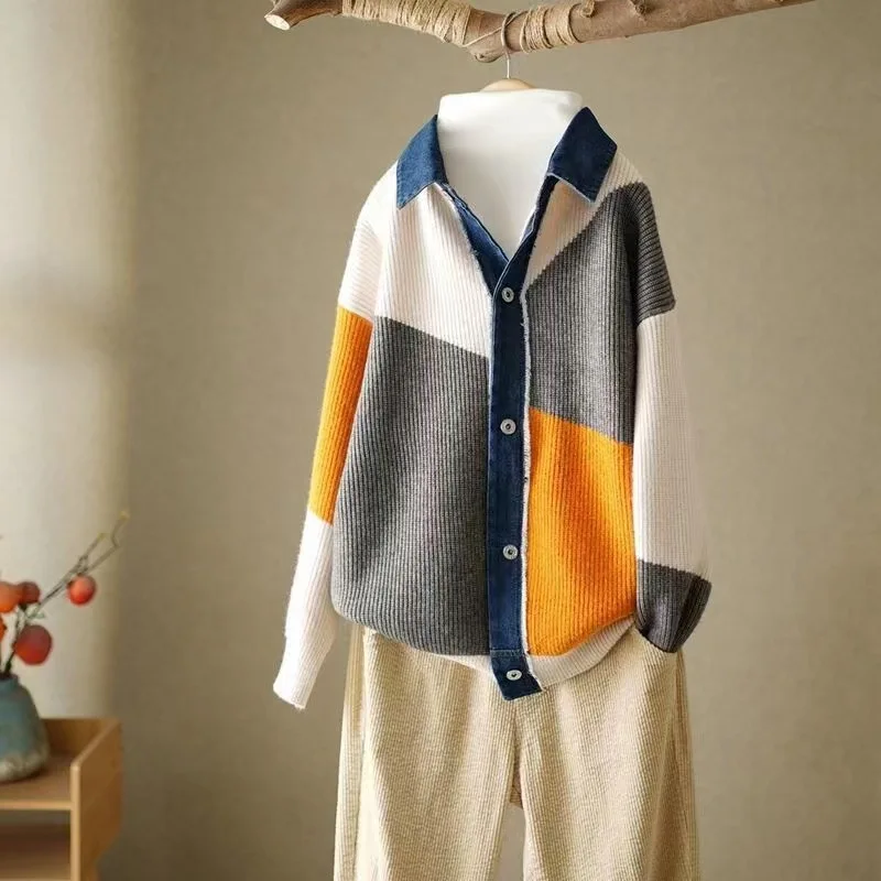 

Spliced Knitted Cardigan Coat Women Autumn Winter Warmth Fashionable Loose Fitting Long Sleeved Jacket Casual Warmth Tops