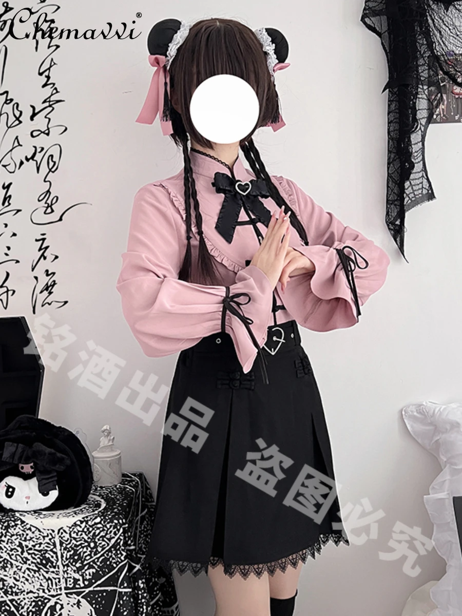 

Skirt Sets 2023 Autumn New Fashion Mine Series Ladies Lace Flared Long Sleeves Shirt Short Skirt Kawaii Women's Two-Piece Set