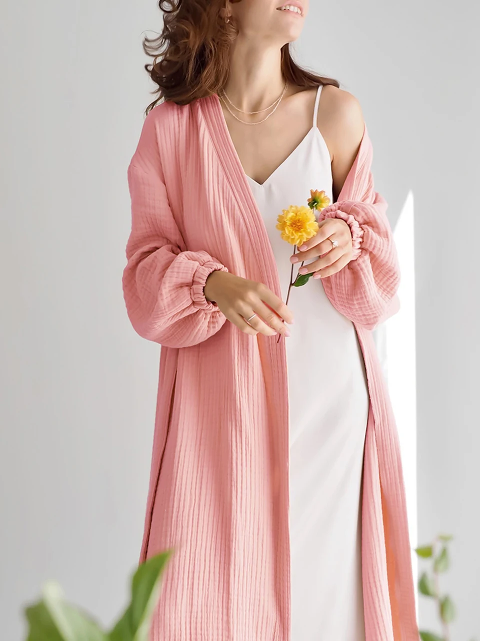 Solid Color Sleepwear Womens Robe Puff Sleeves Bathrobe Female Nightwear Cotton Robes Women Home Wear Spring Loungewear